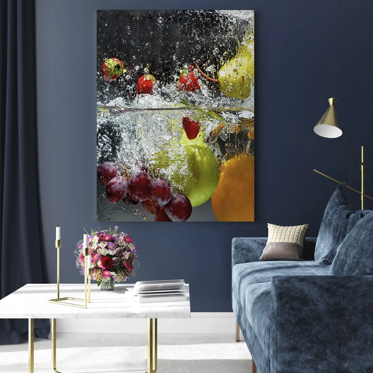 Cuadro sobre vidrio - Impresiones sobre Vidrio - Fruta sumergida en agua con salpicaduras dinámicas. - 50x70cm - Refresco afrutado - Decoración de pared moderna para salón y dormitorio ARTTOR