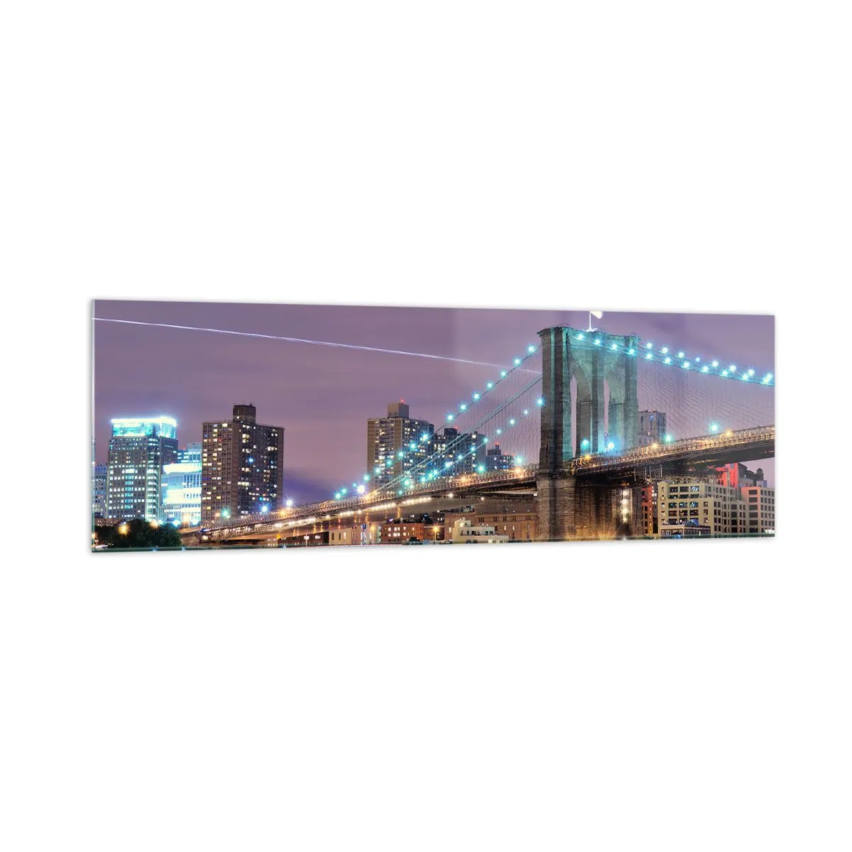 Cuadro sobre vidrio - Impresiones sobre Vidrio - Puente de Brooklyn de noche con la ciudad iluminada al fondo - 160x50cm - Durante muchos años, el puente de Brooklyn - Decoración de pared moderna para salón y dormitorio ARTTOR