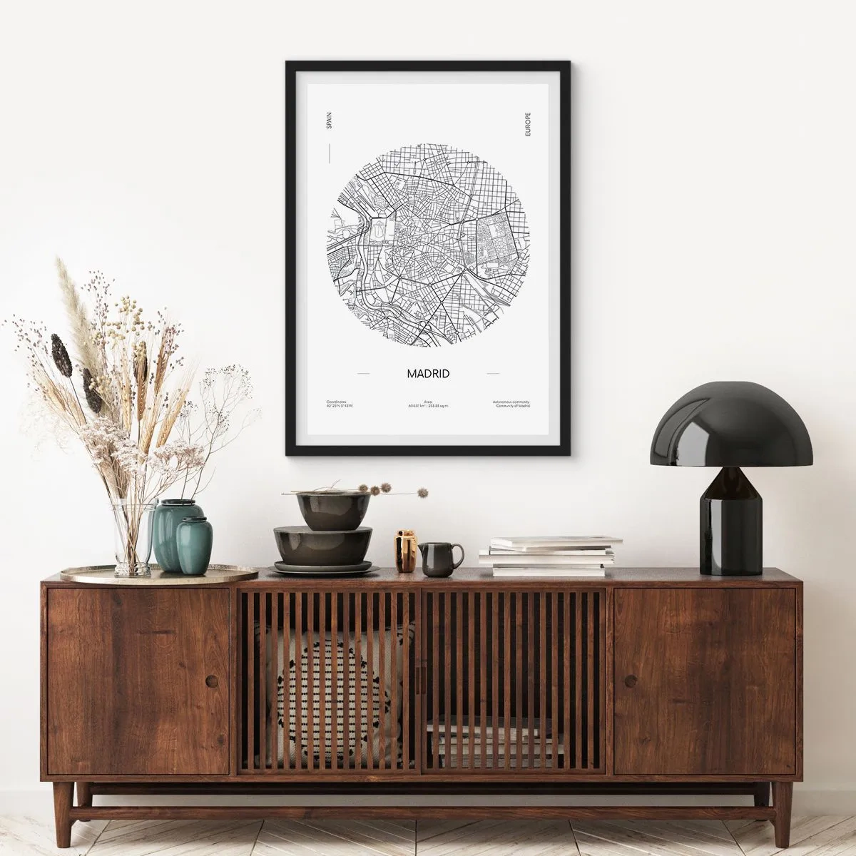 Póster en marco negro - Un mapa minimalista de Madrid en blanco y negro. - 50x70cm - Anatomía de Madrid - Decoración de pared moderna para salón y dormitorio ARTTOR