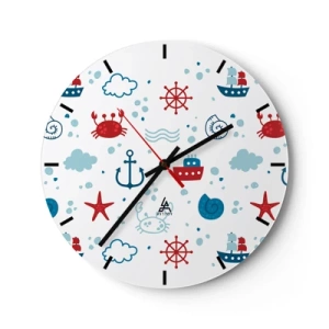 Reloj de pared - Reloj de vidrio - Motivos náuticos en colores blanco, azul y rojo. - 30x30cm - Un cuento de mar - Decoración de pared moderna para salón, cocina y dormitorio ARTTOR