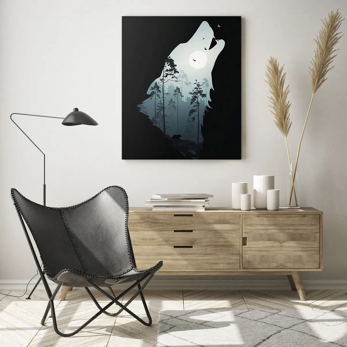 Cuadro sobre vidrio - Impresiones sobre Vidrio - Silueta de un lobo con un bosque y la luna al fondo sobre un fondo negro - 50x70cm - Voz de la noche del bosque - Decoración de pared moderna para salón y dormitorio ARTTOR
