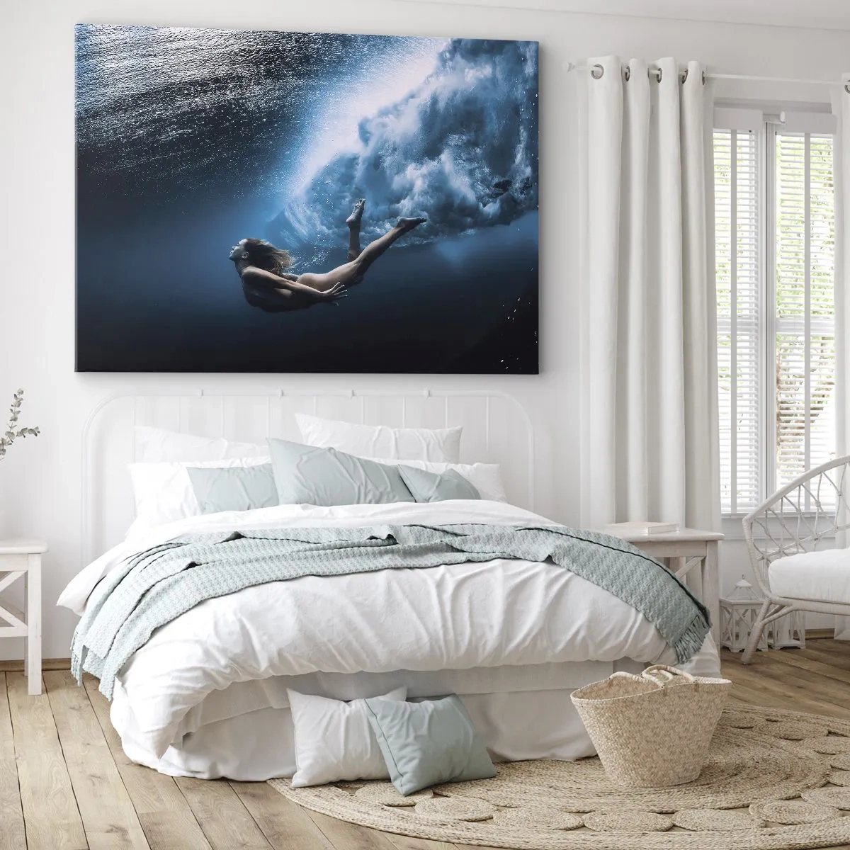 Cuadro sobre lienzo - Impresión de Imagen - Fotografía submarina con una mujer y burbujas de aire. - 120x80cm - Una sirena contemporánea - Decoración de pared moderna para salón y dormitorio ARTTOR