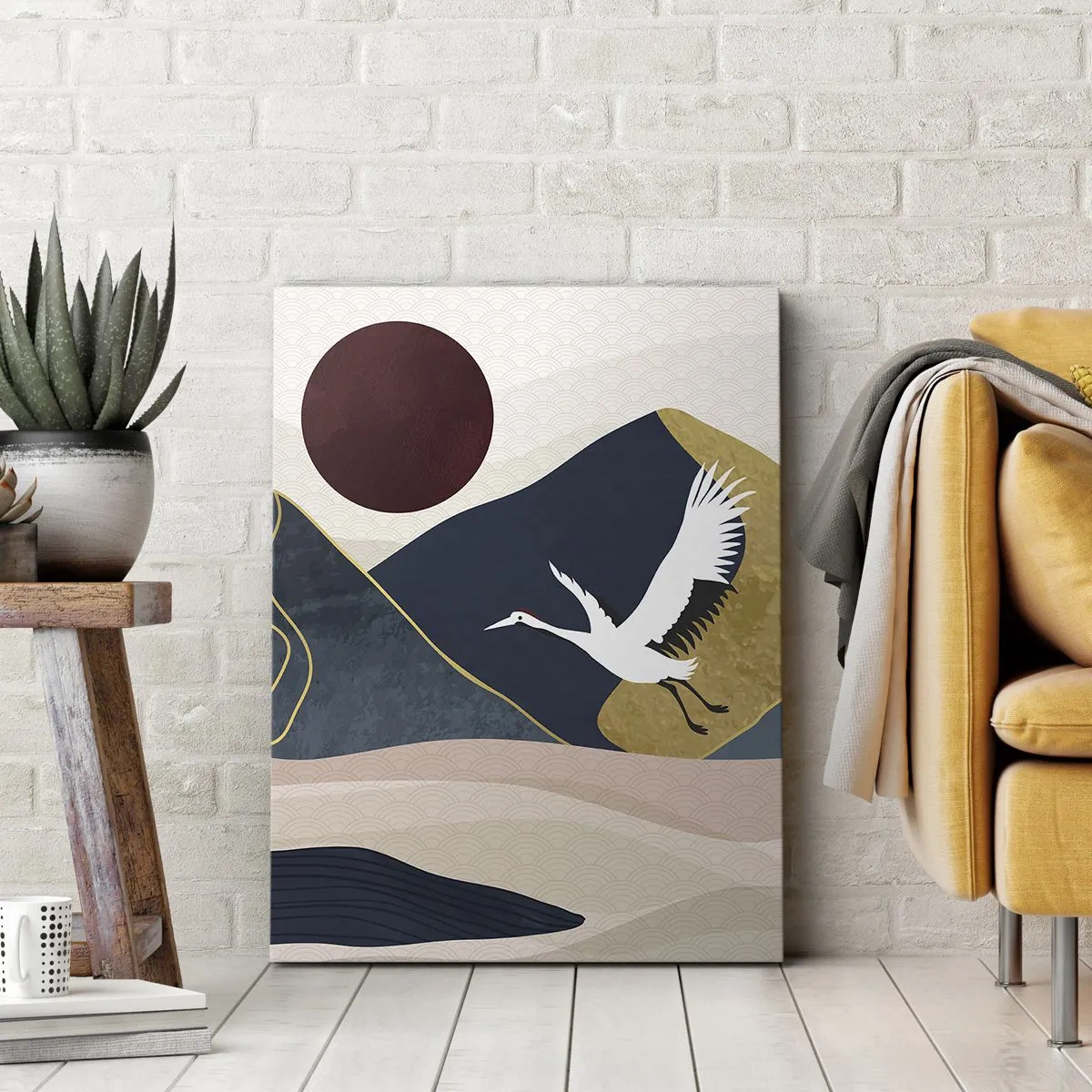 Cuadro sobre lienzo - Impresión de Imagen - Grúas en vuelo con el telón de fondo de montañas y un sol rojo. - 80x120cm - Y el día ha vuelto a pasar volando - Decoración de pared moderna para salón y dormitorio ARTTOR