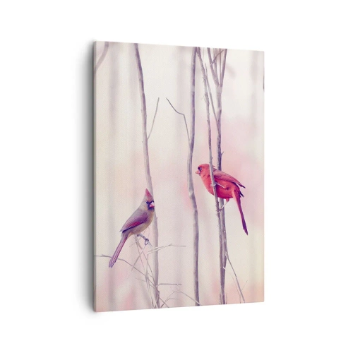 Cuadro sobre lienzo - Impresión de Imagen - Una pareja de cardenales posados en las ramas en un paisaje pastel. - 50x70cm - Historia de un bosque rosa - Decoración de pared moderna para salón y dormitorio ARTTOR