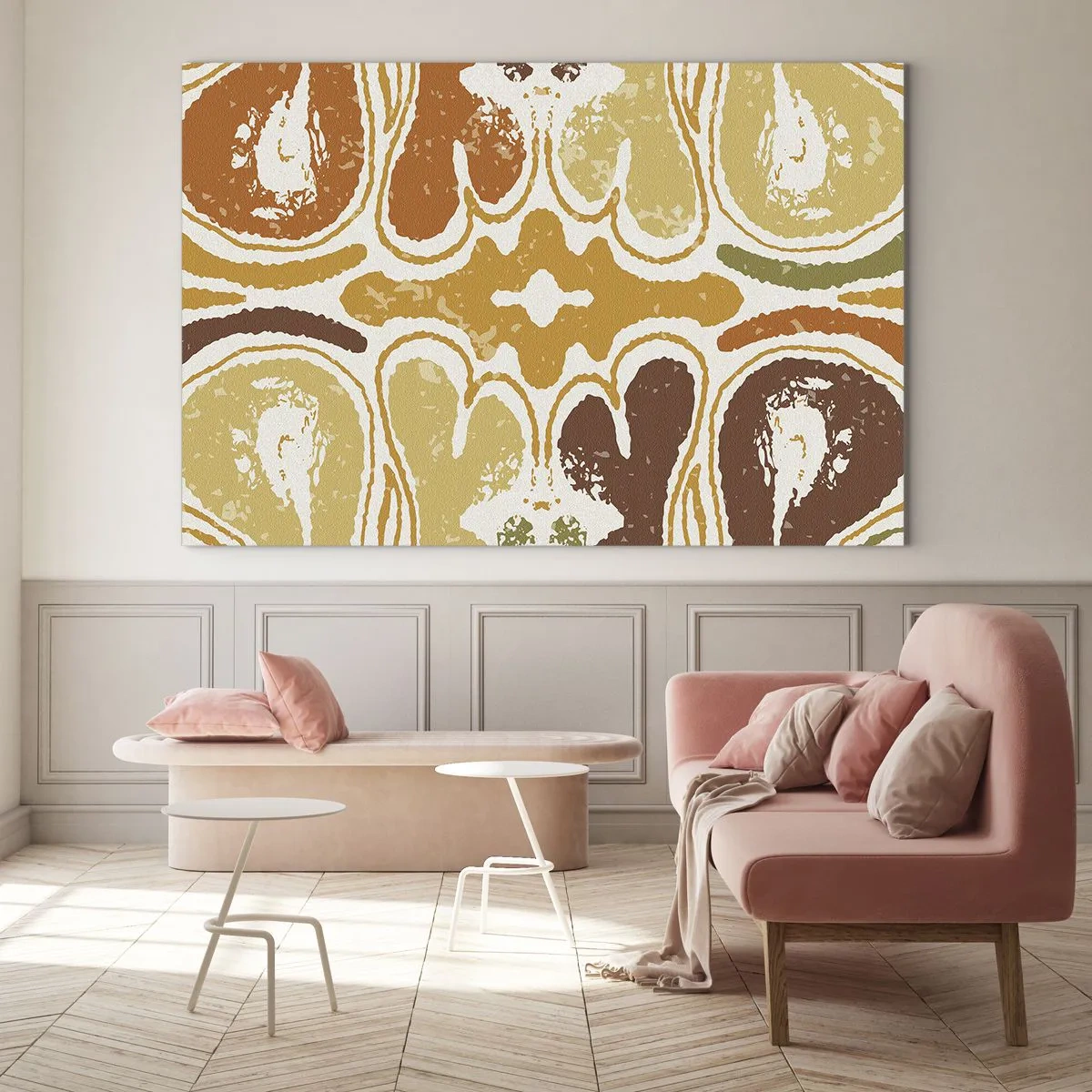 Cuadro sobre vidrio - Impresiones sobre Vidrio - Abstracción simétrica en tonos terrosos cálidos. - 70x50cm - Abstracción sentimental - Decoración de pared moderna para salón y dormitorio ARTTOR