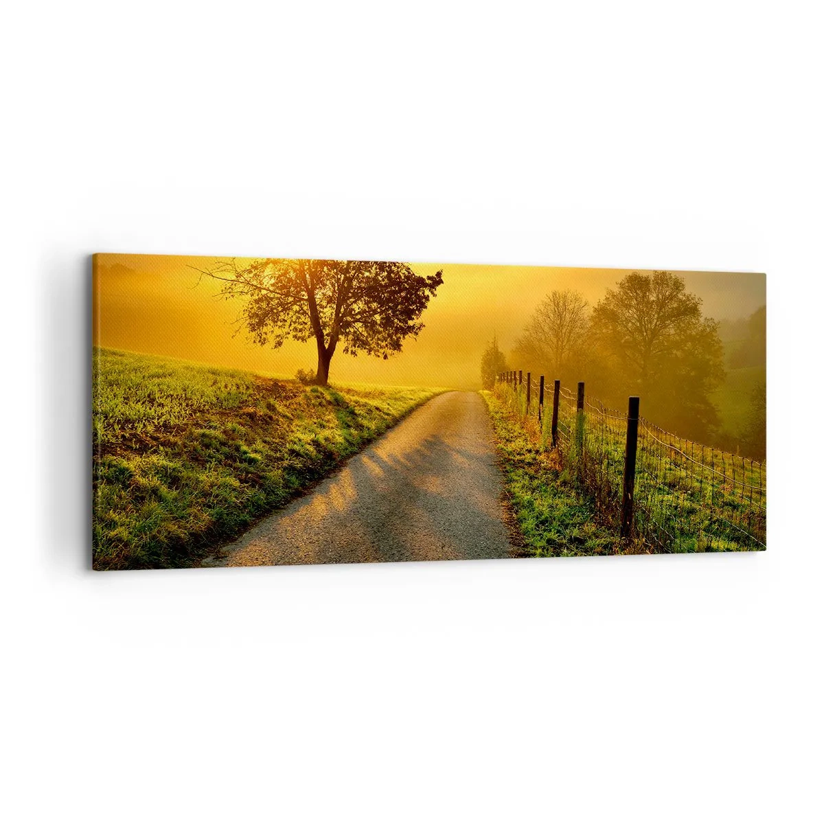 Cuadro sobre lienzo - Impresión de Imagen - Una pintoresca carretera al atardecer con un árbol solitario al fondo. - 120x50cm - Tarde melosa - Decoración de pared moderna para salón y dormitorio ARTTOR