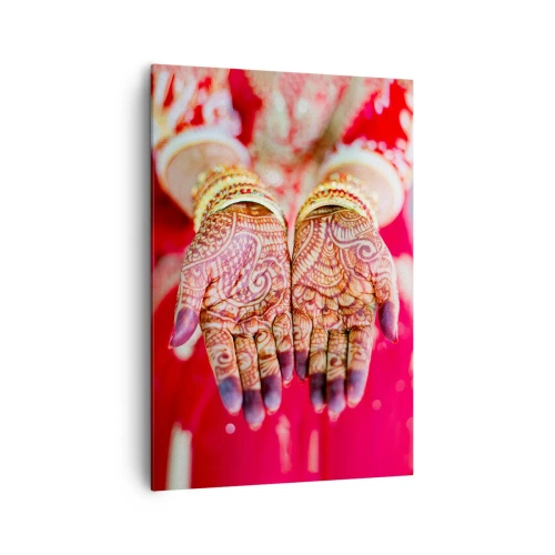Cuadro sobre lienzo - Impresión de Imagen - Manos decoradas con henna sobre el fondo de un vestido rojo. - 70x100cm - Ritual con las manos - Decoración de pared moderna para salón y dormitorio ARTTOR