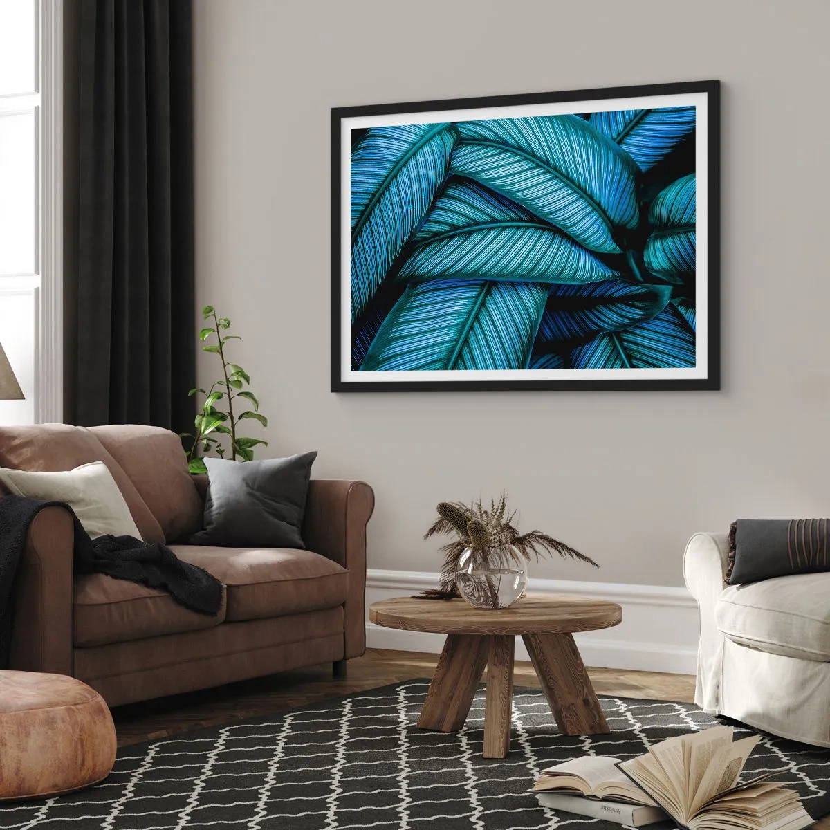 Póster en marco negro - Una toma de primer plano de hojas turquesas con vívidos detalles. - 100x70cm - Líneas de vida - Decoración de pared moderna para salón y dormitorio ARTTOR