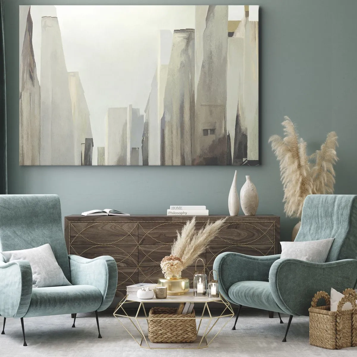 Cuadro sobre lienzo - Impresión de Imagen - Paisaje urbano abstracto en tonos pastel - 70x50cm - Un sueño de ciudad - Decoración de pared moderna para salón y dormitorio ARTTOR