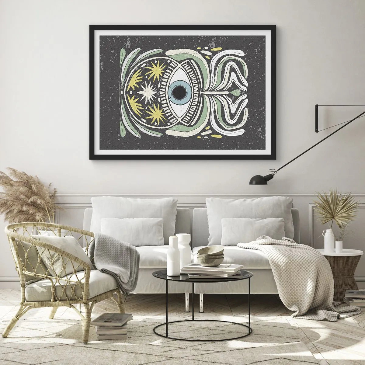 Póster en marco negro - Un ojo simbólico rodeado de patrones abstractos. - 100x70cm - Rituales tribales - Decoración de pared moderna para salón y dormitorio ARTTOR