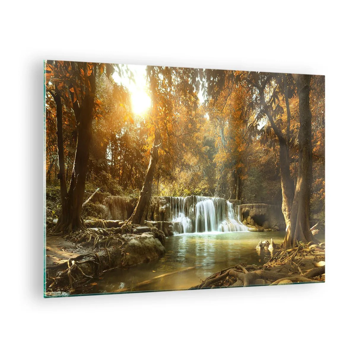 Cuadro sobre vidrio - Impresiones sobre Vidrio - Una cascada en un parque rodeada de árboles en colores otoñales. - 70x50cm - Una cascada en el parque - Decoración de pared moderna para salón y dormitorio ARTTOR