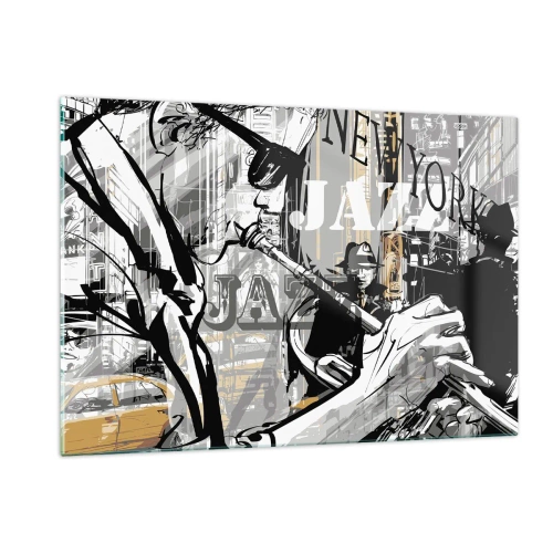 Cuadro sobre vidrio - Impresiones sobre Vidrio - Un elegante dibujo de un músico de jazz tocando la trompeta en un entorno de Nueva York. - 120x80cm - Al ritmo de Nueva York - Decoración de pared moderna para salón y dormitorio ARTTOR