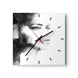 Reloj de pared - Reloj de vidrio - Un retrato sutil de una mujer en tonos blanco y negro. - 30x30cm - Hecho de misterio y niebla - Decoración de pared moderna para salón y dormitorio ARTTOR