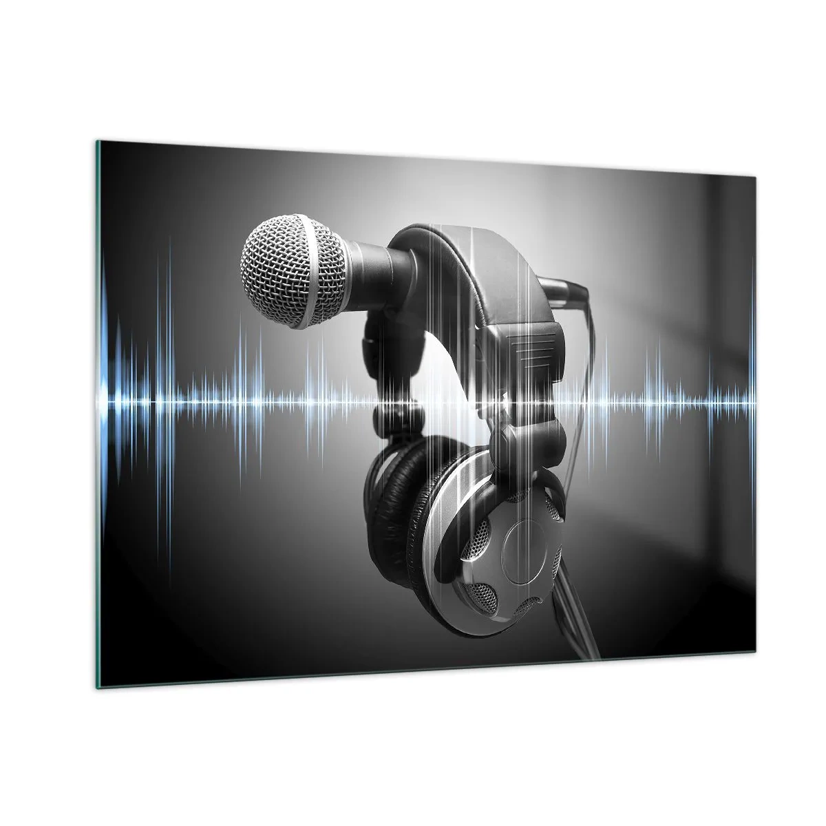 Cuadro sobre vidrio - Impresiones sobre Vidrio - Micrófono con auriculares sobre un fondo de ondas sonoras. - 100x70cm - Todavía se puede escuchar el canto - Decoración de pared moderna para salón y dormitorio ARTTOR