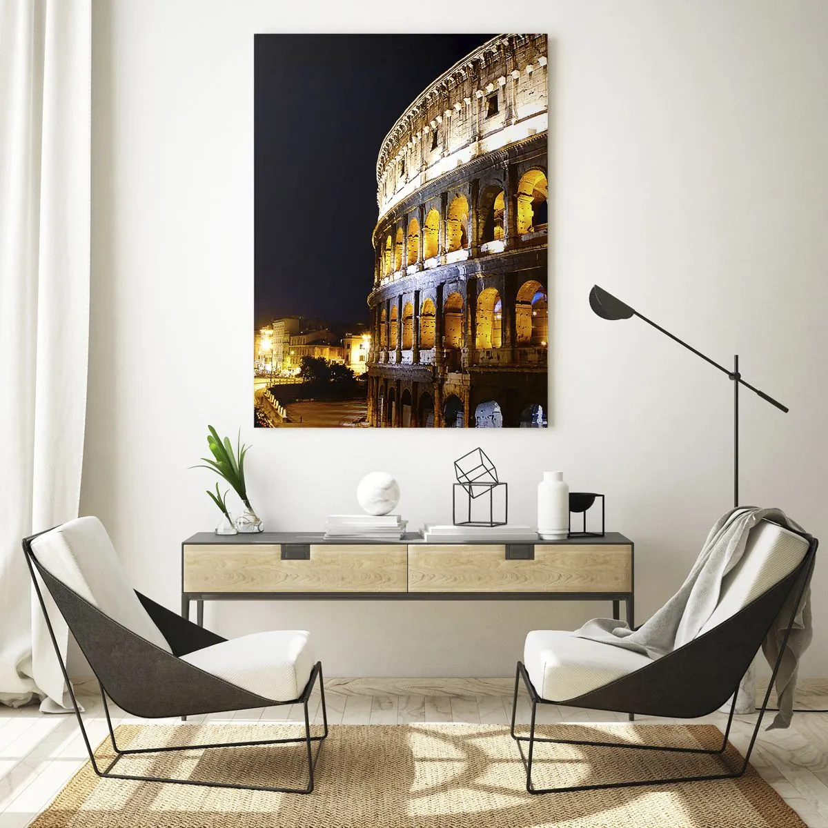 Cuadro sobre vidrio - Impresiones sobre Vidrio - El Coliseo iluminado por luces por la noche en Roma - 80x120cm - Los juegos están a punto de comenzar - Decoración de pared moderna para salón y dormitorio ARTTOR