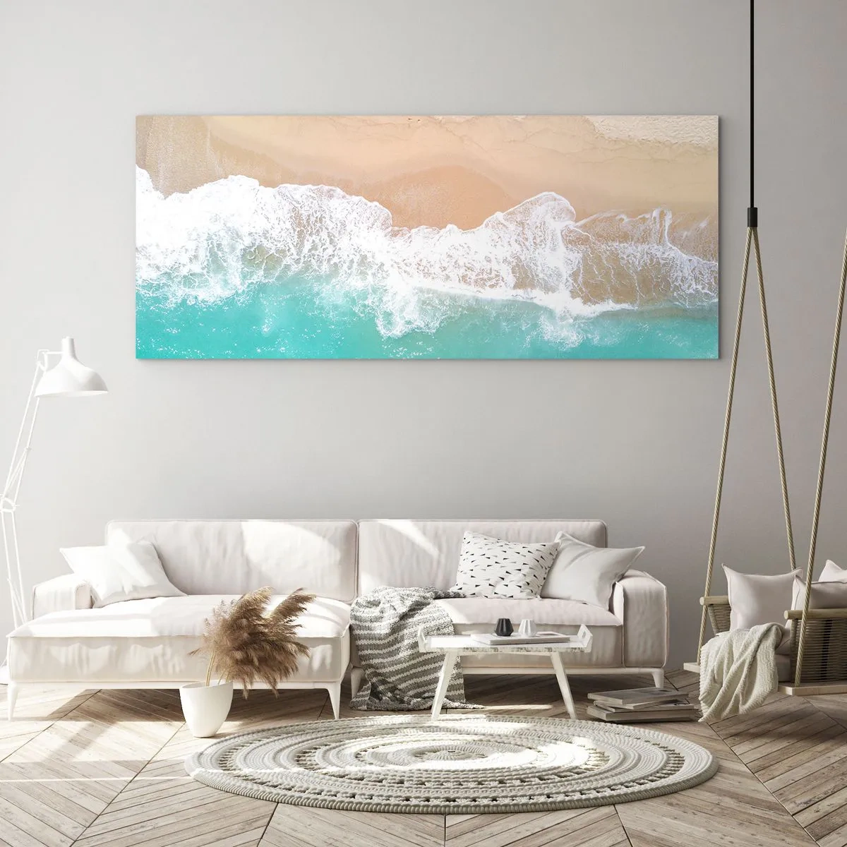 Cuadro sobre vidrio - Impresiones sobre Vidrio - Una vista de pájaro de una playa con agua turquesa y olas suaves. - 140x50cm - Un toque acariciador - Decoración de pared moderna para salón y dormitorio ARTTOR