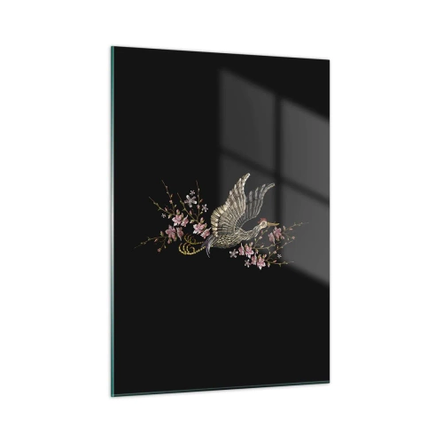 Cuadro sobre vidrio - Impresiones sobre Vidrio - Pájaro bordado en vuelo con flores de fondo sobre un fondo oscuro. - 50x70cm - Ave florida - Decoración de pared moderna para salón y dormitorio ARTTOR