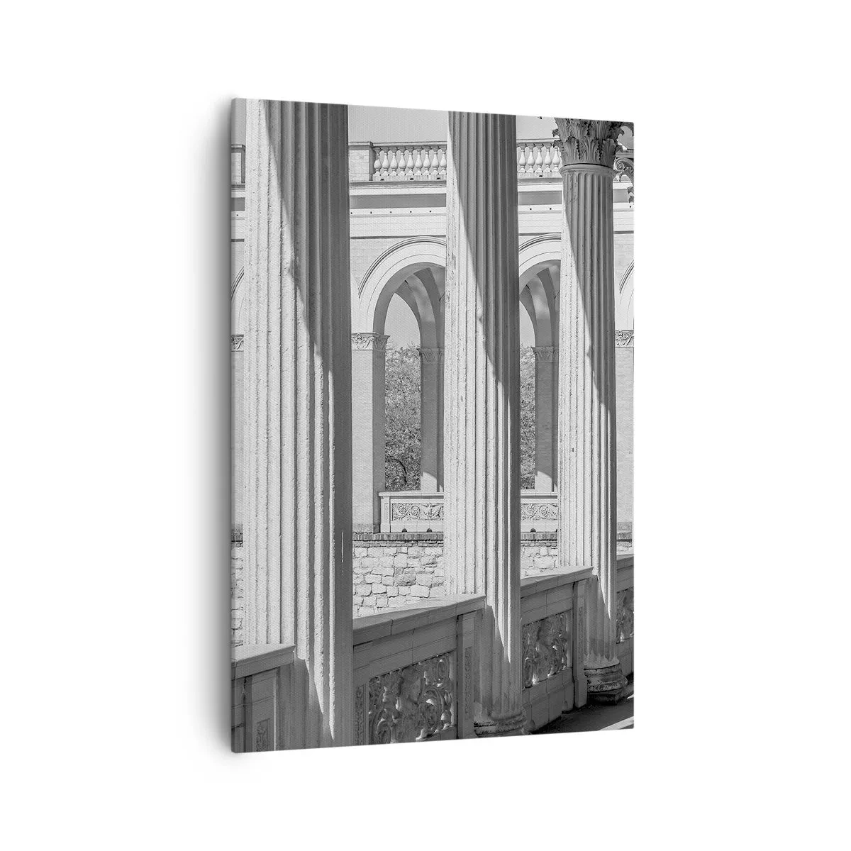 Cuadro sobre lienzo - Impresión de Imagen - Columnata de estilo clásico en blanco y negro - 70x100cm - Galería soleada - Decoración de pared moderna para salón y dormitorio ARTTOR