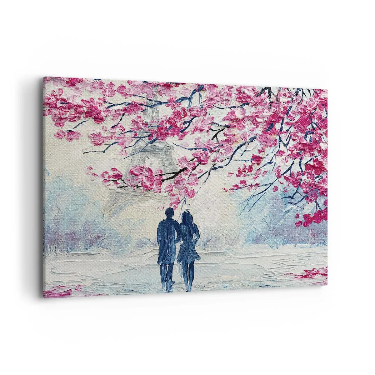 Cuadro sobre lienzo - Impresión de Imagen - Una pareja bajo árboles rosados en flor en un entorno romántico. - 100x70cm - Un paseo romántico - Decoración de pared moderna para salón y dormitorio ARTTOR