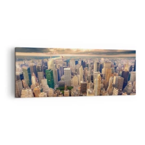 Cuadro sobre lienzo - Impresión de Imagen - Panorama de la ciudad con vistas a los rascacielos al atardecer - 140x50cm - Metrópolis dorada - Decoración de pared moderna para salón y dormitorio ARTTOR