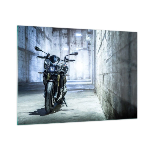 Cuadro sobre vidrio - Impresiones sobre Vidrio - Una motocicleta en un interior industrial con paredes de hormigón. - 100x70cm - Antes de que el motor ruja - Decoración de pared moderna para salón y dormitorio ARTTOR