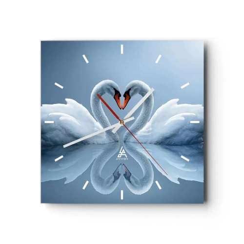 Reloj de pared - Reloj de vidrio - Dos cisnes formando un corazón en una superficie tranquila del agua. - 30x30cm - Tiempo de amor - Decoración de pared moderna para salón y dormitorio ARTTOR