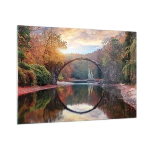Cuadro sobre vidrio - Impresiones sobre Vidrio - Un puente de piedra reflejado en un lago en medio de un bosque otoñal. - 100x70cm - Al otro lado del espejo - Decoración de pared moderna para salón y dormitorio ARTTOR
