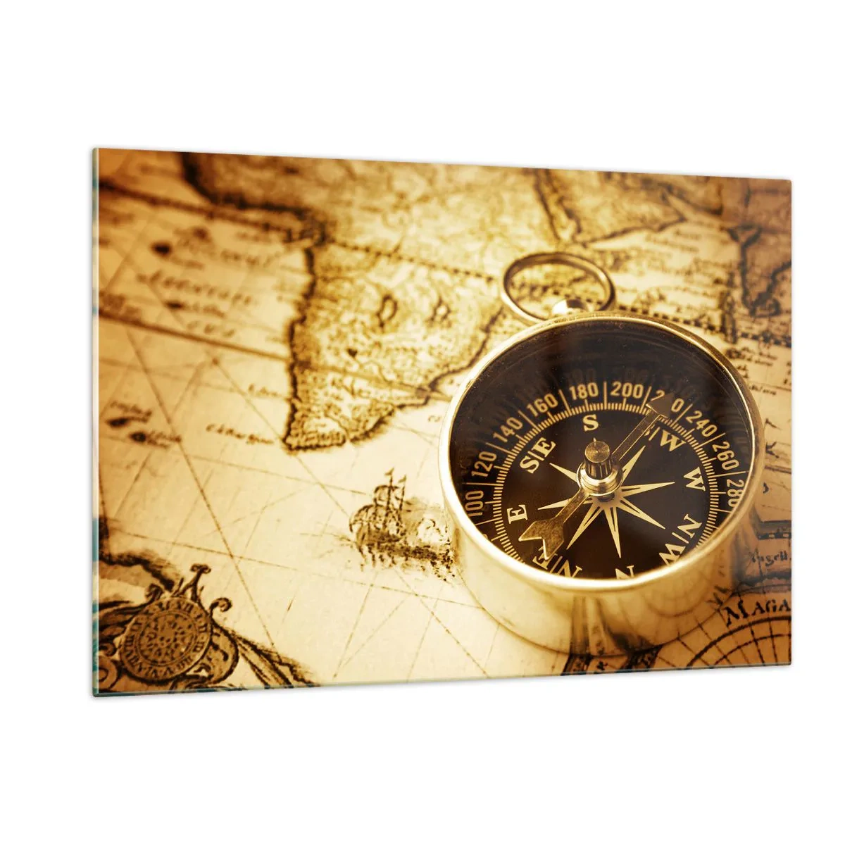 Cuadro sobre vidrio - Impresiones sobre Vidrio - Una brújula dorada sobre un fondo de mapa antiguo. - 120x80cm - ¿Este u Oeste? - Decoración de pared moderna para salón y dormitorio ARTTOR