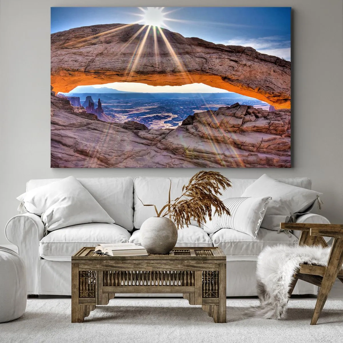 Cuadro sobre lienzo - Impresión de Imagen - Arco de roca con vistas al cañón al amanecer. - 100x70cm - A través de la puerta de la roca - Decoración de pared moderna para salón y dormitorio ARTTOR