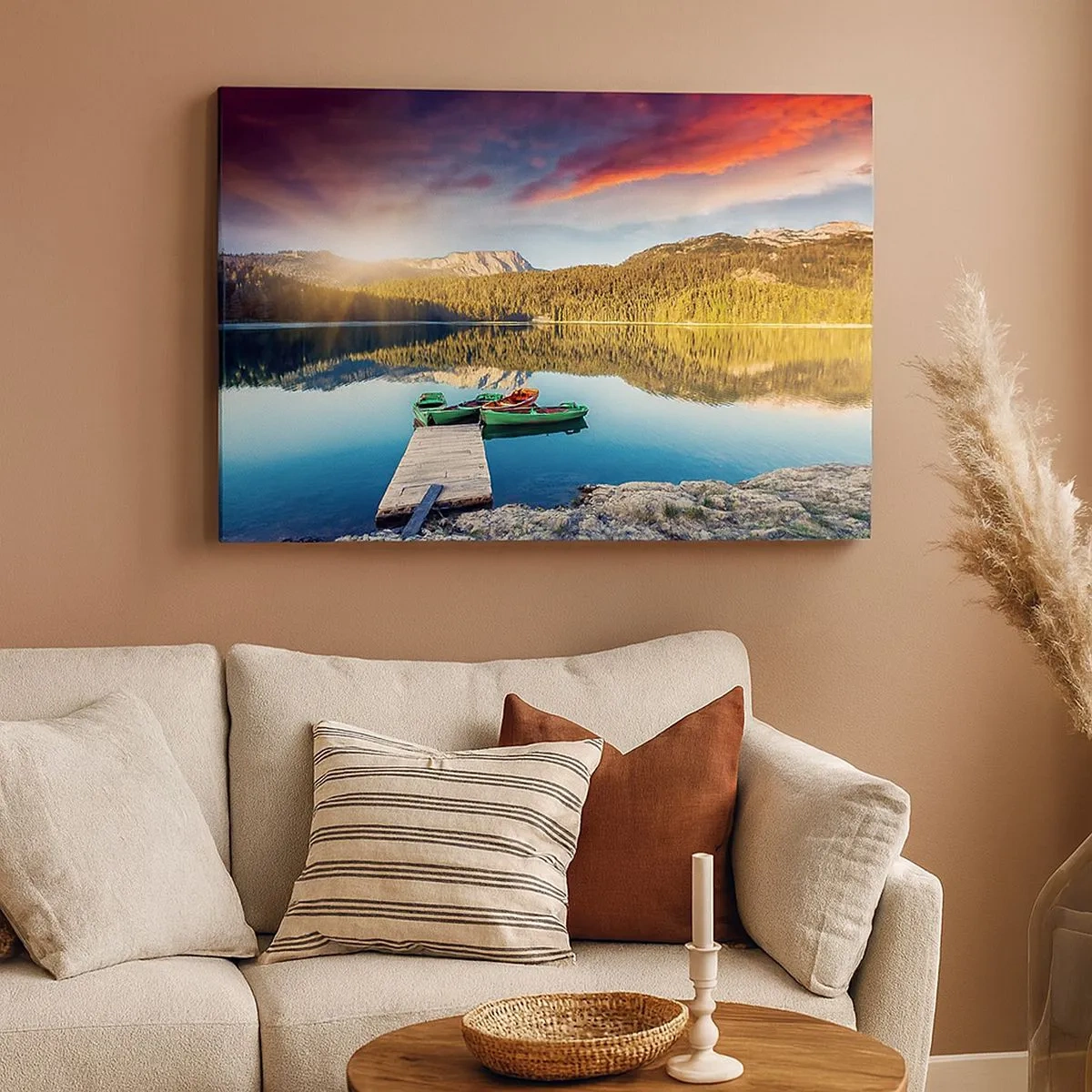 Cuadro sobre lienzo - Impresión de Imagen - Puesta de sol sobre el lago con barcos en el muelle - 70x50cm - Sobre el agua tan suave como un espejo - Decoración de pared moderna para salón y dormitorio ARTTOR
