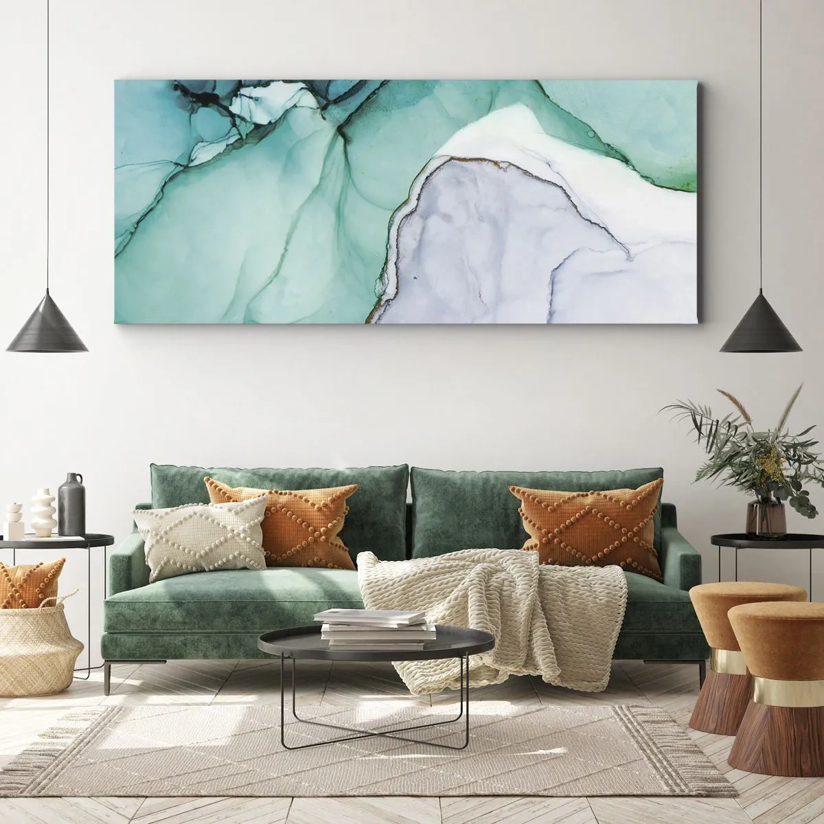 Cuadro sobre lienzo - Impresión de Imagen - Patrón abstracto en tonos turquesa y blanco. - 160x50cm - Estudio en turquesa - Decoración de pared moderna para salón y dormitorio ARTTOR