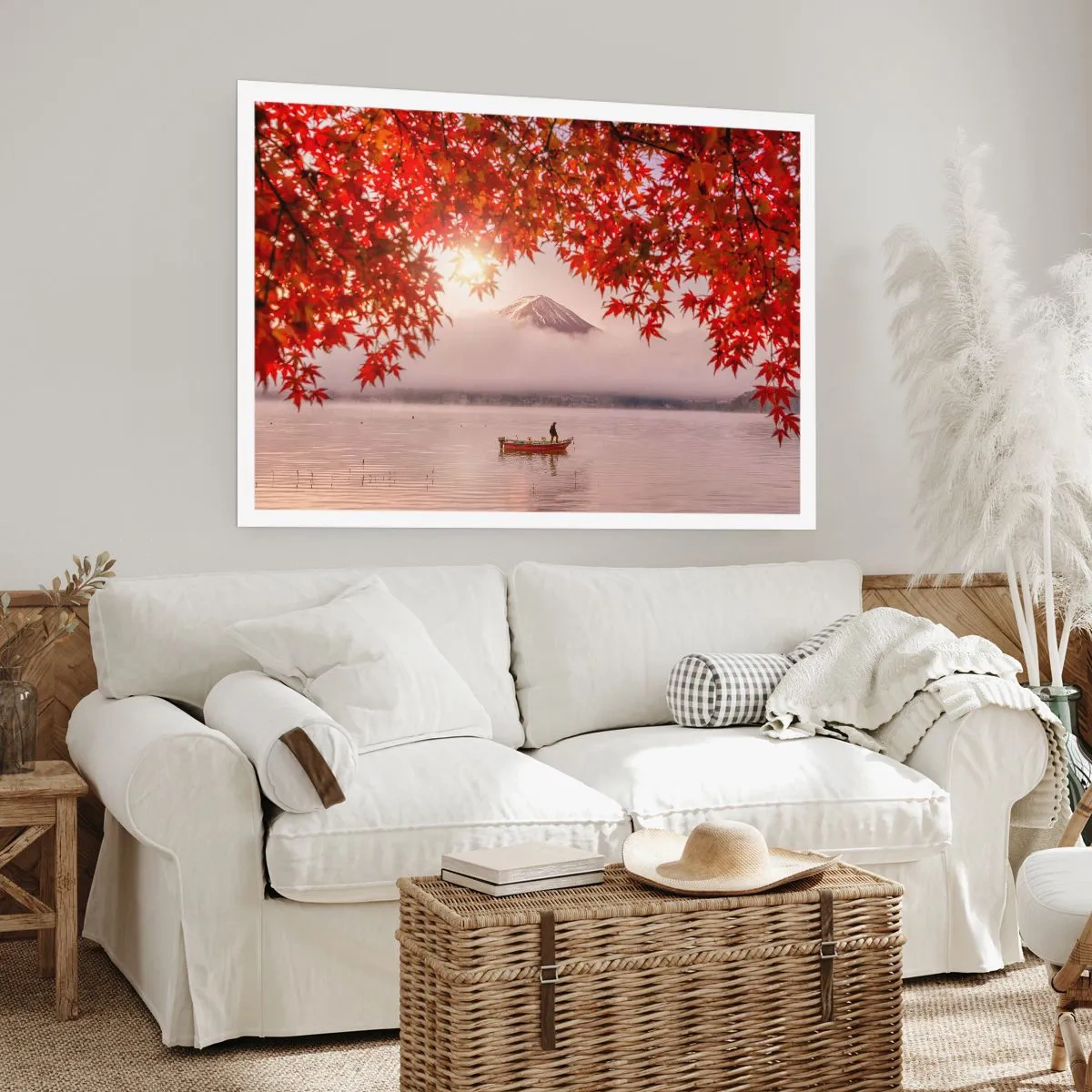 Póster - Un barco en un lago rodeado de hojas de arce rojas. - 100x70cm - Estilo japonés - Decoración de pared moderna para salón y dormitorio ARTTOR