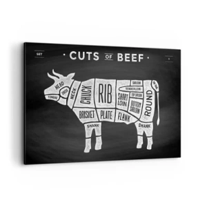 Cuadro sobre lienzo - Impresión de Imagen - Diagrama de cortes de carne de res sobre un fondo negro - 120x80cm - Manual del carnicero - Decoración de pared moderna para salón y dormitorio ARTTOR