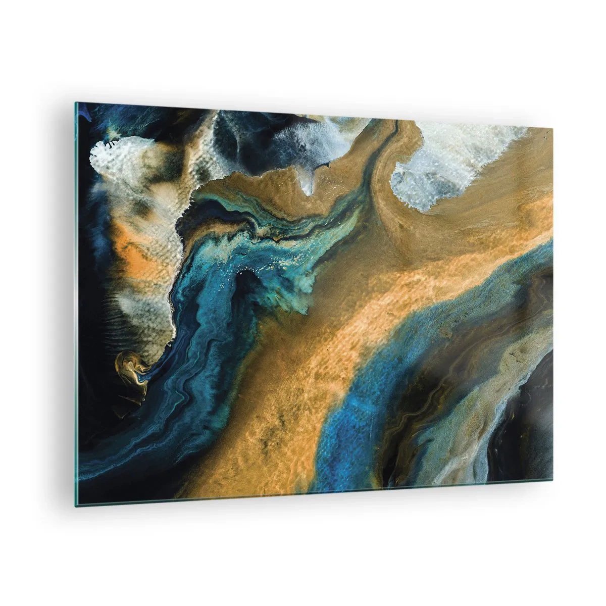 Cuadro sobre vidrio - Impresiones sobre Vidrio - Composición abstracta en tonos azules y dorados. - 70x50cm - Azul - amarillo - influencia mutua - Decoración de pared moderna para salón y dormitorio ARTTOR