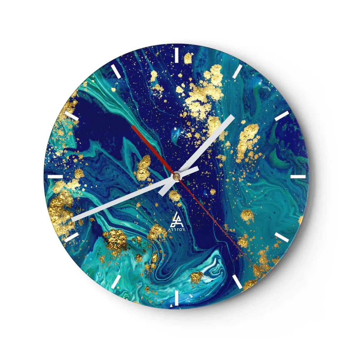 Reloj de pared - Reloj de vidrio - Copos de oro sobre un fondo abstracto azul turquesa - 30x30cm - Pétalos de sol  - Decoración de pared moderna para salón, cocina y dormitorio ARTTOR