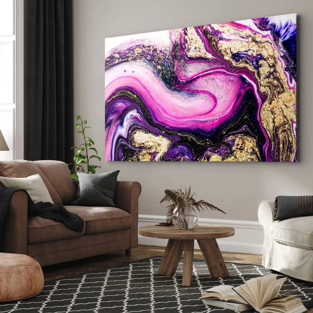 Cuadro sobre lienzo - Impresión de Imagen - Ondas abstractas en tonos morados y dorados. - 70x50cm - Un momento abstracto - Decoración de pared moderna para salón y dormitorio ARTTOR