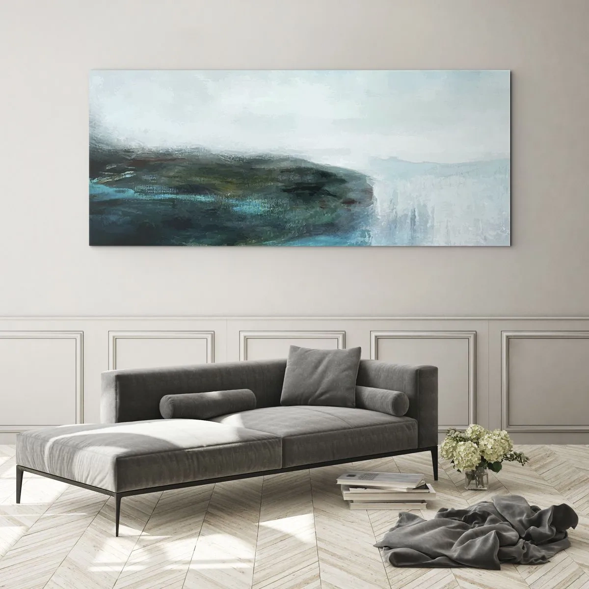 Cuadro sobre vidrio - Impresiones sobre Vidrio - Paisaje abstracto en tonos turquesa y gris. - 120x50cm - Abstracción marina - Decoración de pared moderna para salón y dormitorio ARTTOR