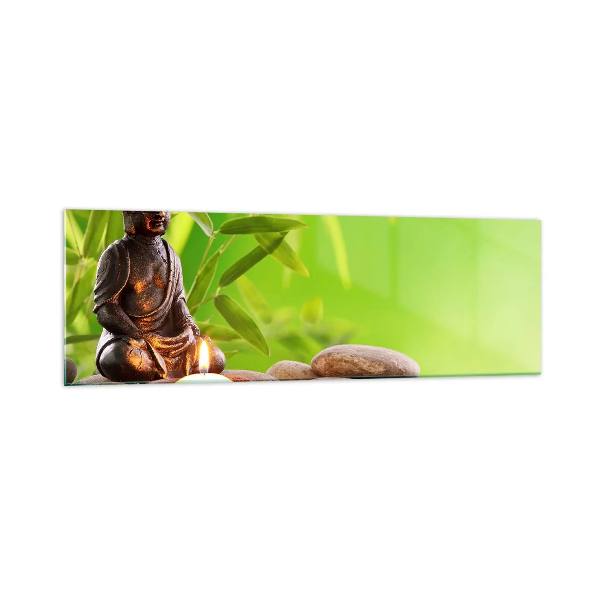 Cuadro sobre vidrio - Impresiones sobre Vidrio - Figura de Buda con piedras y una vela sobre un fondo de bambú. - 160x50cm - La vida es bella - Decoración de pared moderna para salón y dormitorio ARTTOR
