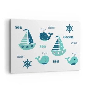 Cuadro sobre lienzo - Impresión de Imagen - Encantadores motivos náuticos con ballenas y veleros. - 100x70cm - A través de mares y océanos - Decoración de pared moderna para salón y dormitorio ARTTOR