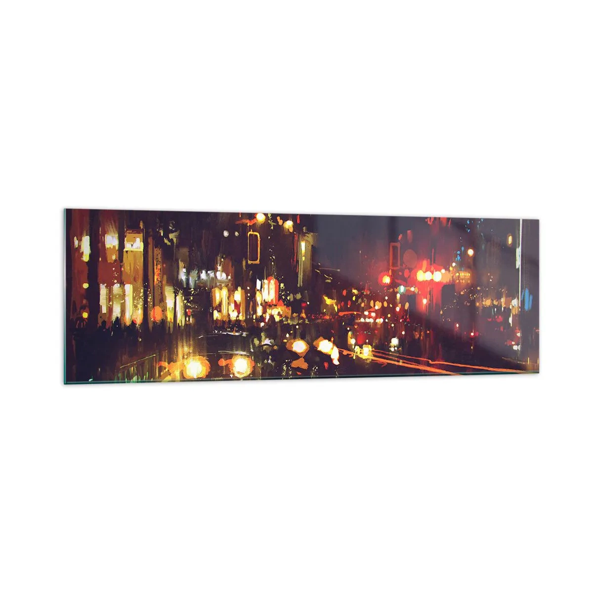 Cuadro sobre vidrio - Impresiones sobre Vidrio - Escena nocturna de la ciudad con luces de colores y reflejos en la calle. - 160x50cm - Hundido en la luz de la noche - Decoración de pared moderna para salón y dormitorio ARTTOR