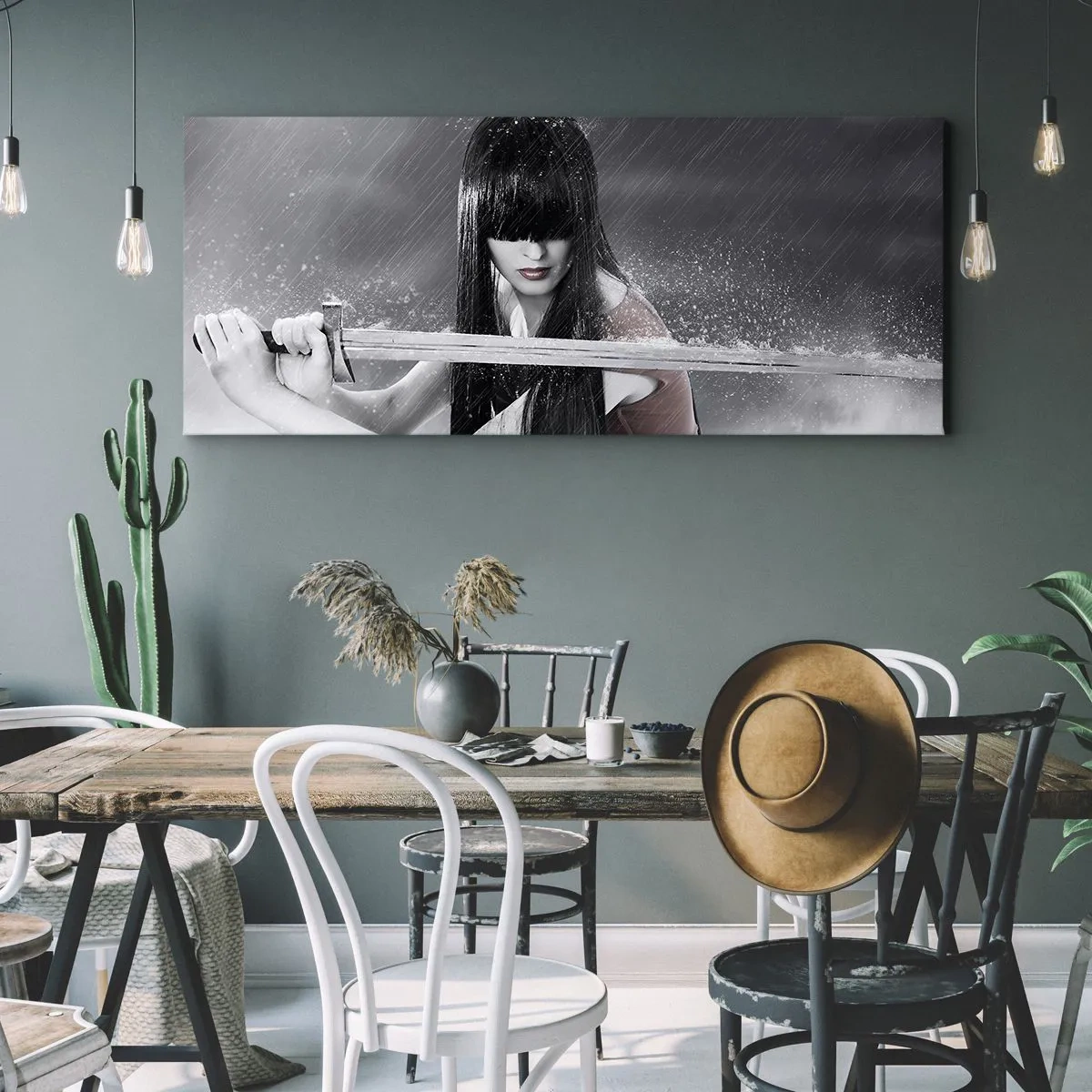 Cuadro sobre lienzo - Impresión de Imagen - Una mujer con una espada bajo la lluvia con una apariencia dinámica y misteriosa. - 140x50cm - Hermosa y peligrosa - Decoración de pared moderna para salón y dormitorio ARTTOR