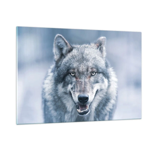 Cuadro sobre vidrio - Impresiones sobre Vidrio - Un lobo con una mirada penetrante sobre el fondo de un bosque nevado. - 120x80cm - ¿Aceptarás el reto? - Decoración de pared moderna para salón y dormitorio ARTTOR