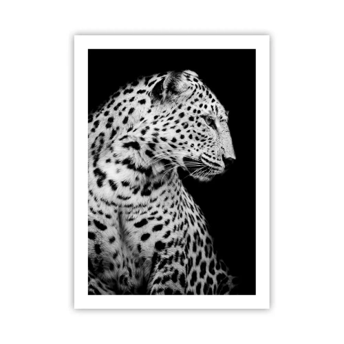 Póster - Retrato en blanco y negro de un leopardo sobre un fondo negro. - 50x70cm - El perfil derecho es perfecto - Decoración de pared moderna para salón y dormitorio ARTTOR