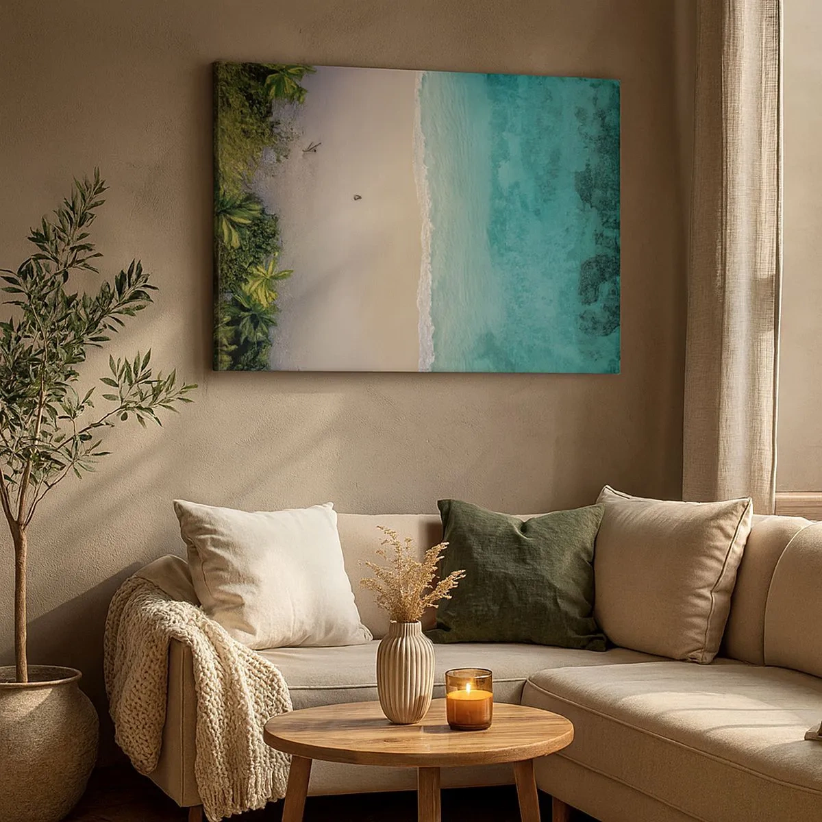 Cuadro sobre lienzo - Impresión de Imagen - Vista aérea de una playa tropical con agua turquesa. - 70x50cm - Playa del paraíso - Decoración de pared moderna para salón y dormitorio ARTTOR