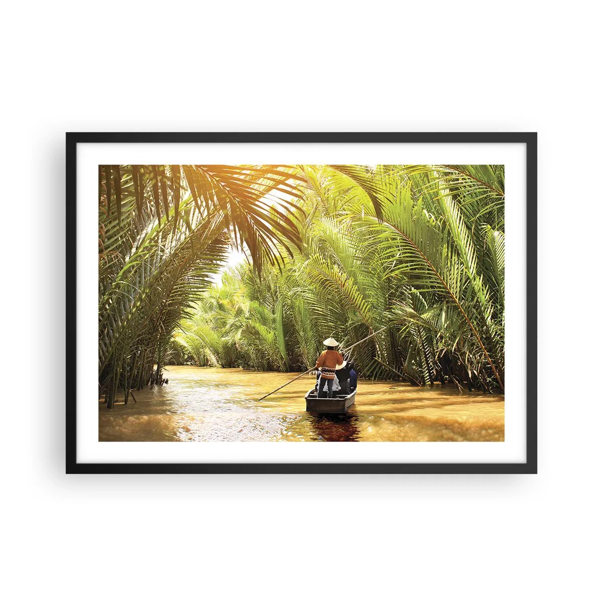 Póster en marco negro - Un barco en un río rodeado de vegetación tropical. - 70x50cm - En un túnel de palmeras - Decoración de pared moderna para salón y dormitorio ARTTOR
