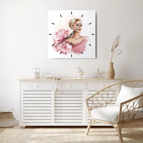 Reloj de pared - Reloj de vidrio - Retrato de una mujer con un vestido rosa sobre un fondo claro. - 30x30cm - Recuérdame como una pintura... - Decoración de pared moderna para salón y dormitorio ARTTOR