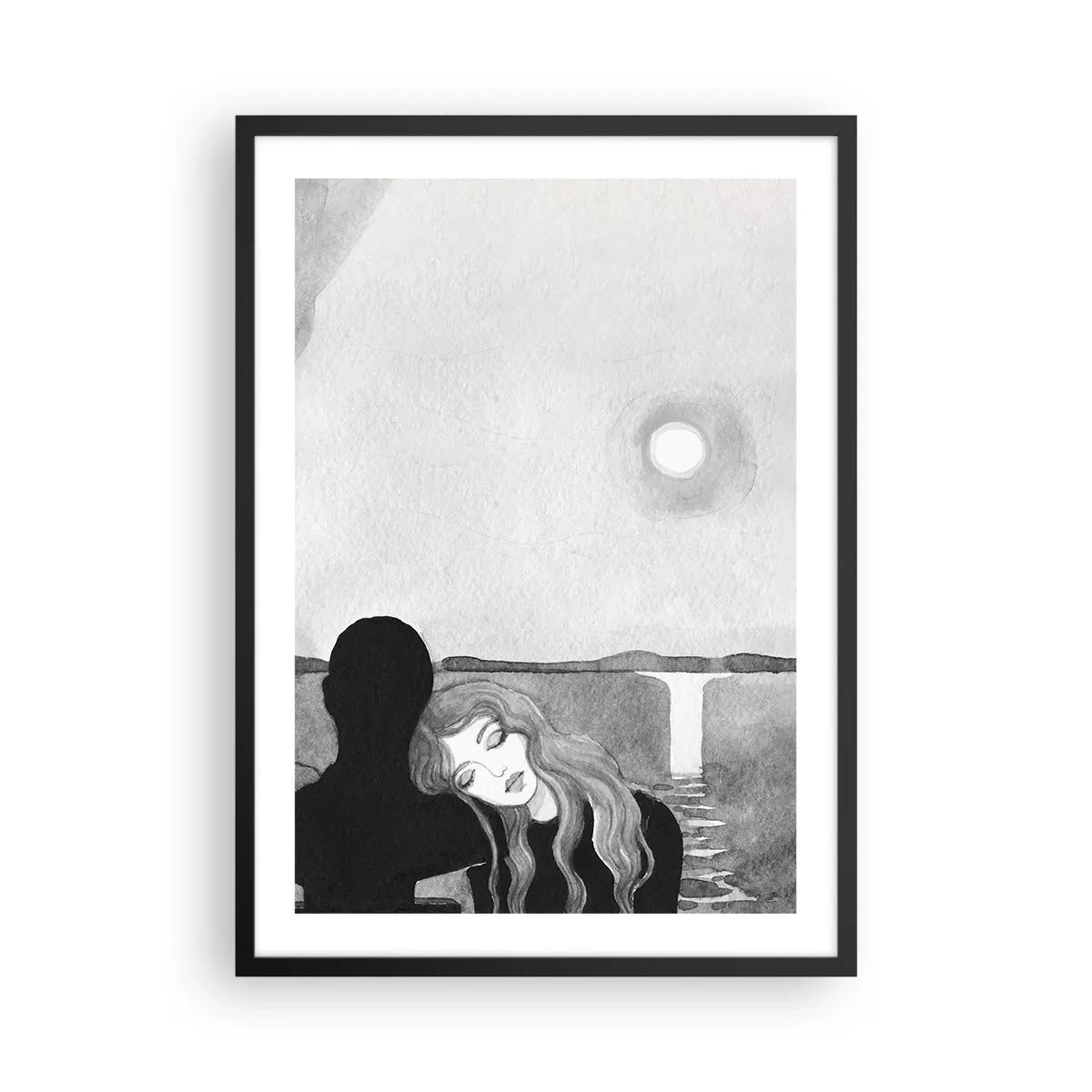 Póster en marco negro - Mujer apoyada sobre figura de sombra, luna y cascada - 50x70cm - Siempre un misterio - Decoración de pared moderna para salón y dormitorio ARTTOR