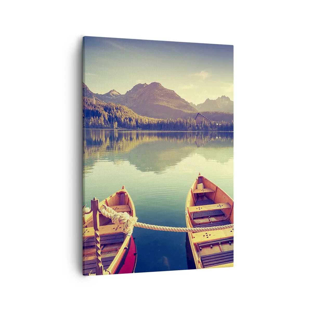 Cuadro sobre lienzo - Impresión de Imagen - Barcos en un lago tranquilo rodeado de montañas al atardecer - 50x70cm - Para vivir según sus leyes - Decoración de pared moderna para salón y dormitorio ARTTOR