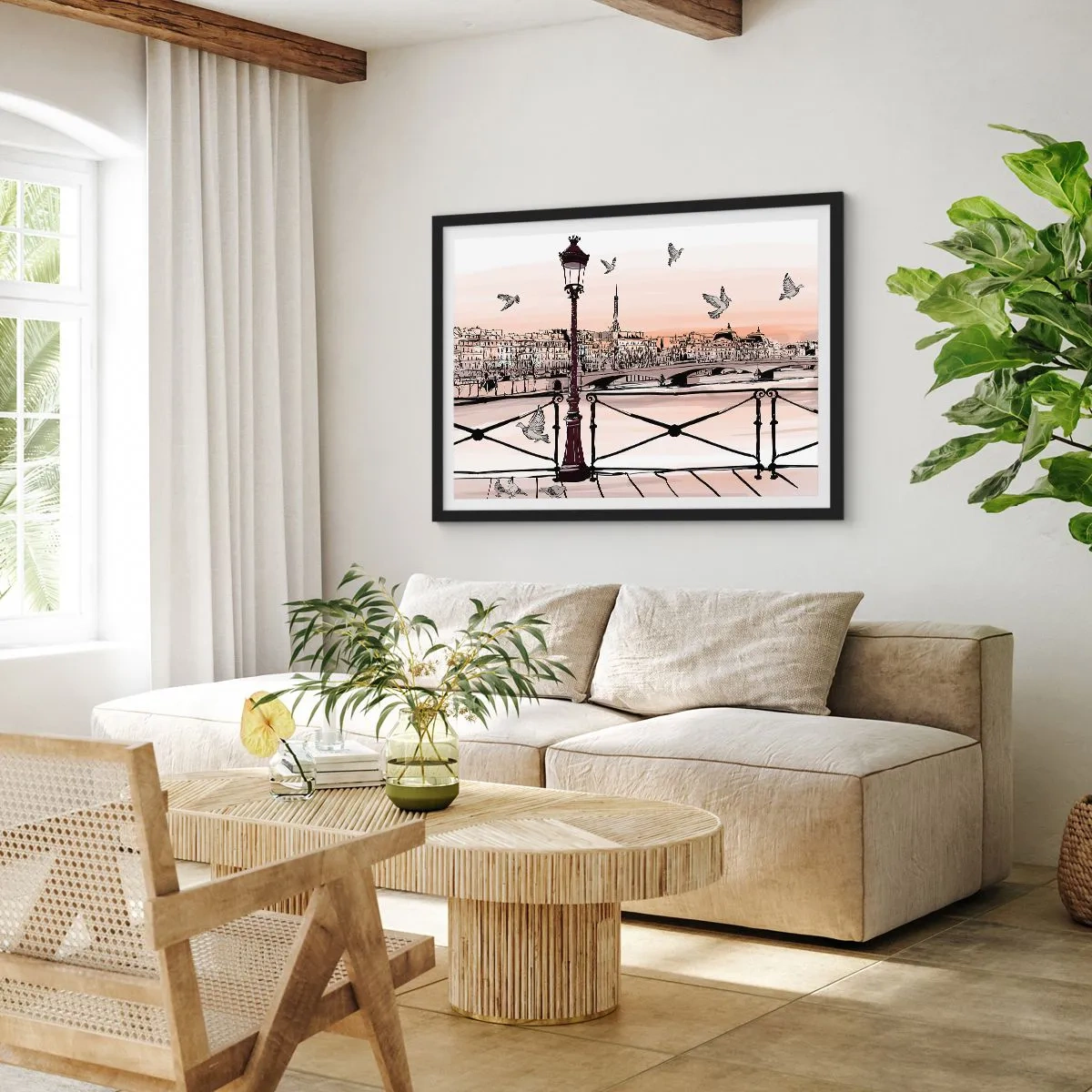 Póster en marco negro - Vista parisina con una linterna y un puente. - 100x70cm - Sobre los tejados de París - Decoración de pared moderna para salón y dormitorio ARTTOR