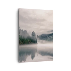 Cuadro sobre lienzo - Impresión de Imagen - Un bosque brumoso reflejado en un lago tranquilo. - 50x70cm - En el ensueño, en la niebla - Decoración de pared moderna para salón y dormitorio ARTTOR